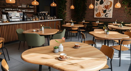 Modern showing bright modern cafe interior with wooden tables chairs coffee cups and brick wall...