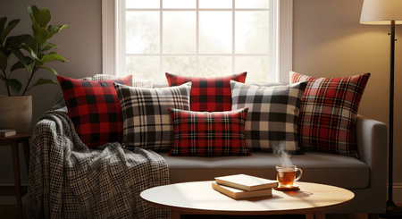 Cafe showing comfortable sofa with buffalo plaid and tartan pillows and a plaid blanket with a...