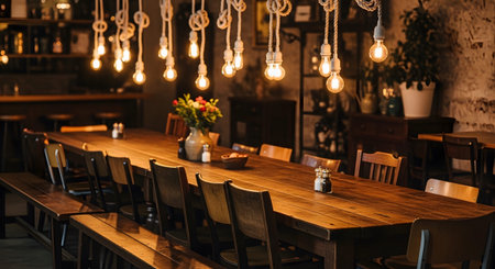 (20) showing long wooden table in a dimly lit restaurant with edison bulb lighting and a floral...