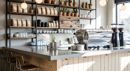 Modern coffee shop counter featuring an espresso machine, shelves with products, and potted plants.