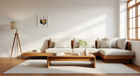A bright, minimalist living room featuring a light-colored sectional sofa, a wooden coffee...
