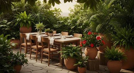 A wooden dining table is set with white linens amidst abundant green foliage and terracotta pots.