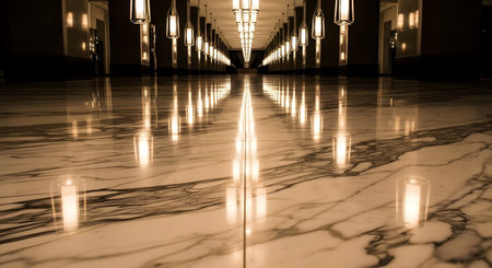 Rows showing long hallway with rows of illuminated pendant lights reflecting on a polished...