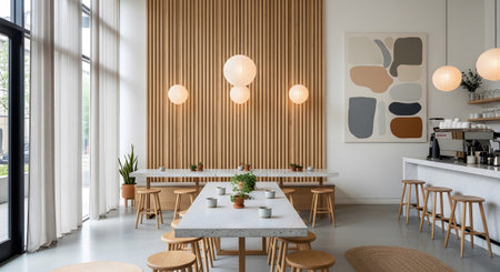 Stools showing minimalist cafe interior with terrazzo table and wooden stools. resolution...