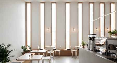 A minimalist cafe interior with tall vertical windows and clean white furniture, featuring a...の写真素材