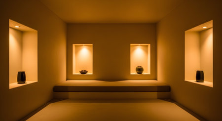 Warm showing minimalist zen room with built-in niches and warm ambient lighting creating a...の写真素材