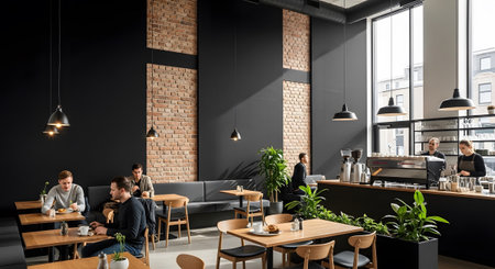 Modern cafe interior featuring black walls, brick accents, wooden furniture, and bar area.