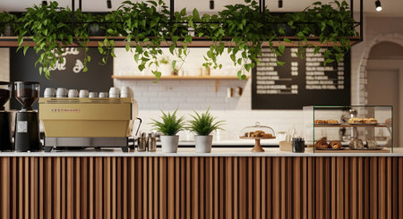A sleek cafe counter with a gold espresso machine, potted plants, and pastries in a glass...の写真素材