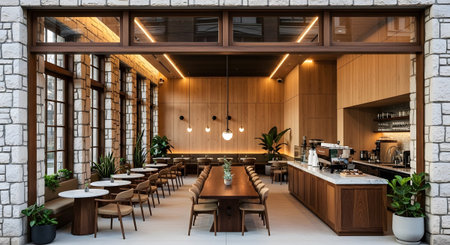 A contemporary cafe interior warm wood paneling, stone exterior walls, and comfortable seating...の写真素材