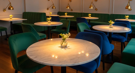 Blue showing modern cafe interior with green and blue velvet seating and marble tables.の写真素材