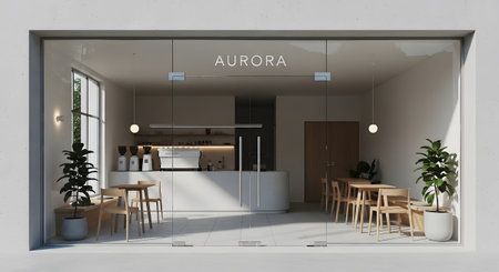 A modern cafe interior with glass doors, Aurora signage, coffee machines, and wooden tables and...