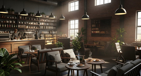 Modern showing modern cafe interior with comfortable seating and shelves stocked with jars and...