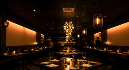 Candlelight showing restaurant dining room with candlelight and modern pendant lights.の写真素材