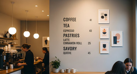 A modern cafe interior with a light grey wall displaying a menu and abstract... coffee...の写真素材