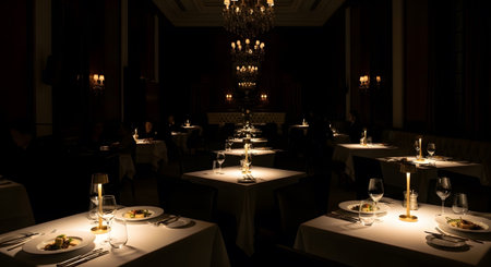 Restaurant showing restaurant dining room with tables set for dinner in dim, ambient lighting....の写真素材