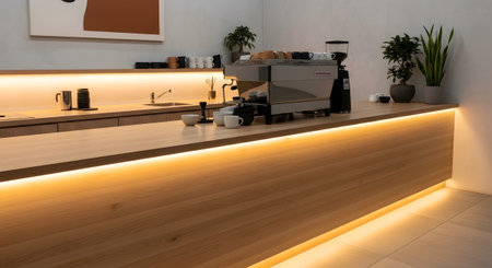 (457) showing sleek coffee bar with espresso machine and wooden countertop illuminated by warm...