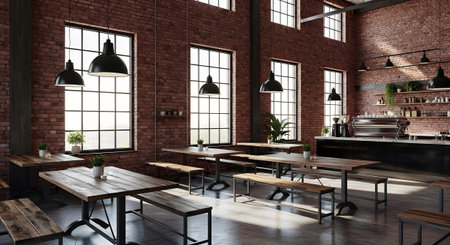 With showing spacious industrial cafe with red brick walls, large windows, and wooden tables....