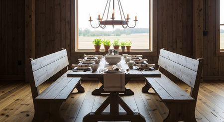 A rustic dining room with wooden benches and a table is set before a large window overlooking a...