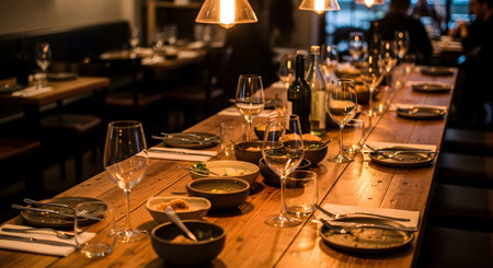A restaurant table is set with plates, cutlery, wine glasses, and bowls of food, bathed in warm...