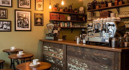 Counter showing rustic coffee shop counter with espresso machine and vintage decor.の写真素材