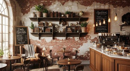 Decor showing rustic cafe interior with exposed brick walls and vintage decor. resolution...