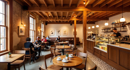 Rustic coffee shop interior featuring exposed brick walls, wooden beams, patrons seated at...