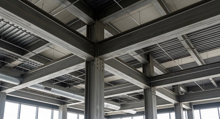 Ceiling showing steel i-beam construction framework with exposed concrete ceiling and metal...の写真素材
