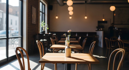 With showing sunlit cafe interior with wooden tables and chairs. resolution