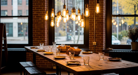 Restaurant showing rustic restaurant interior with long wooden table set for dining under edison...
