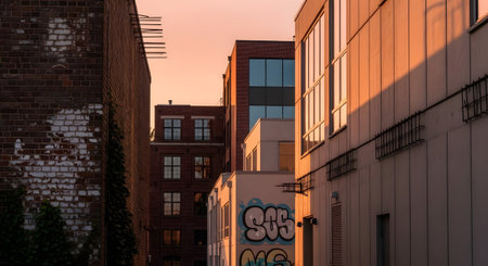 Urban buildings with windows and graffiti stand against a warm orange sunset sky, casting long...