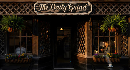 Steaming showing the daily grind coffee shop facade with hanging ferns, flower baskets, and a...の写真素材