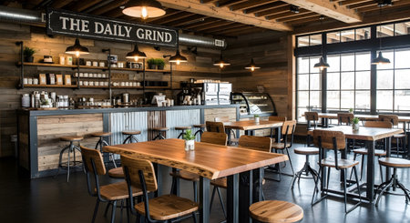 A rustic industrial cafe interior showcases wooden tables, chairs, a corrugated metal counter,...