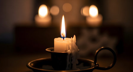 A single white candle burns brightly in a dark room, its flame casting a warm glow....