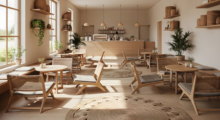 Light showing sunlit cafe interior with light wood furniture woven chairs and round jute rugs...