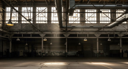 With showing spacious industrial warehouse interior with large windows and exposed ductwork....