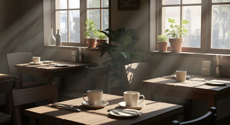Light showing sunlit cafe tables with coffee cups and cutlery set against large windows with...の写真素材