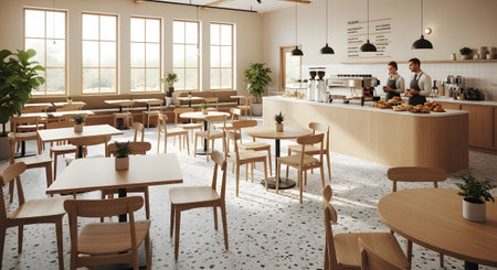 Counter showing spacious light-filled cafe interior with wooden furniture...の写真素材