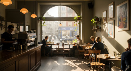 Sunlight streams into a cozy cafe, illuminating patrons seated at tables near a large arched window.
