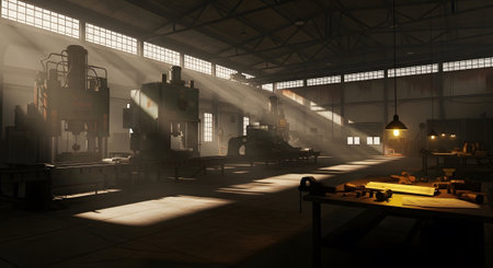 (948) showing sunlight streaming into an old industrial factory with machinery. resolution...