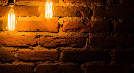 A single edison bulb with a visible filament glows warmly in front of a detailed, textured brick...