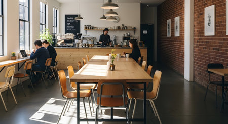 Sunlit showing sunlit modern cafe interior with long wooden tables and chairs people working on...