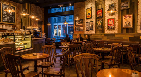 Decor showing warmly lit cafe interior with wooden furniture and coffee themed decor at night....