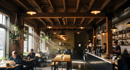 Sunlit cafe interior with wooden beams, hanging plants, patrons working and dining, and light...の写真素材