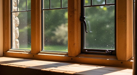 Garden showing sunlight streaming through a wooden window frame onto a wooden sill with garden...