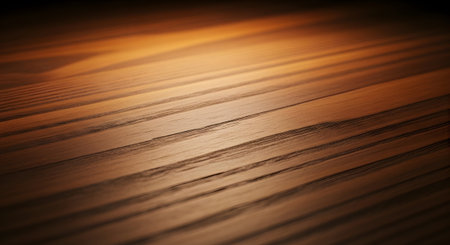 Polished wooden planks exhibit a rich brown hue with visible grain and warm light casting...の写真素材