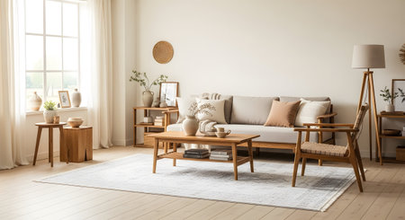 Natural showing warm scandinavian living room with natural wood furniture and soft neutral...の写真素材