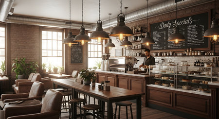 Furniture showing warmly lit cafe interior with brick walls, wooden furniture, and display...