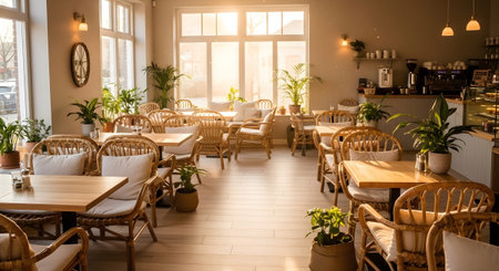 Cafe showing warmly lit cafe interior with wooden furniture and abundant plants. resolution...