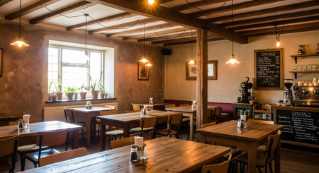 Menus showing traditional pub or cafe interior with wooden tables, beams, and chalkboard menus....