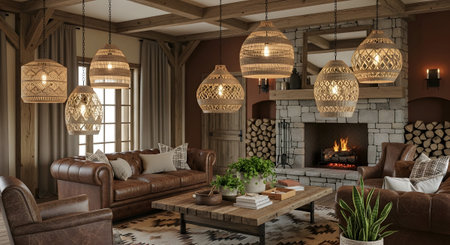 Living showing warm and inviting living room with leather furniture and woven accents.